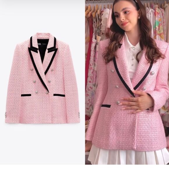 NW T NEW PINK STRUCTURED BLAZER WITH CONTRASTING PIPING - Picture 4 of 16